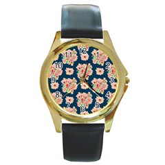 Retro 1880s Flowers Pattern 7 Round Gold Metal Watch by violetheavensky