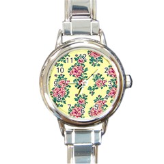 Retro 1880s Flowers Pattern 8 Round Italian Charm Watch by violetheavensky