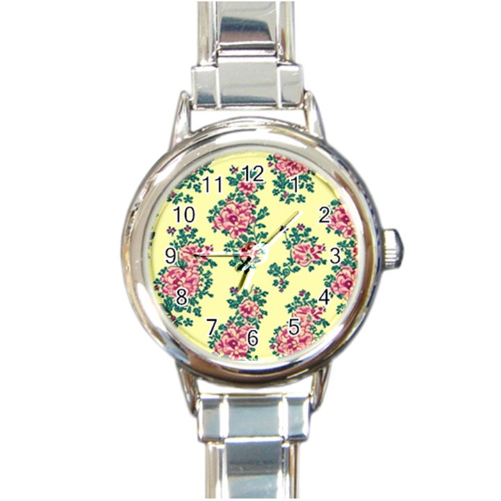 Retro 1880s Flowers Pattern 8 Round Italian Charm Watch