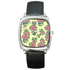 Retro 1880s Flowers Pattern 8 Square Metal Watch by violetheavensky