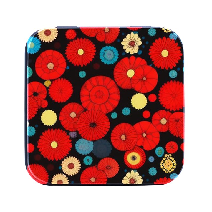 Mid Century Retro Floral 1970s 1960s Pattern 104 Square Metal Box (Black)