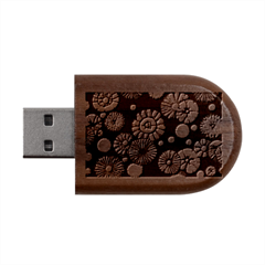 Mid Century Retro Floral 1970s 1960s Pattern 104 Wood Oval Usb Flash Drive by violetheavensky