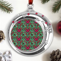 Retro 1880s Flowers Pattern 3 Metal Snowflake Red Crystal Round Ornament by violetheavensky