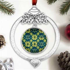 Royal Fractal Pattern 2 Metal Silver X mas Leaves Round Ornament by violetheavensky