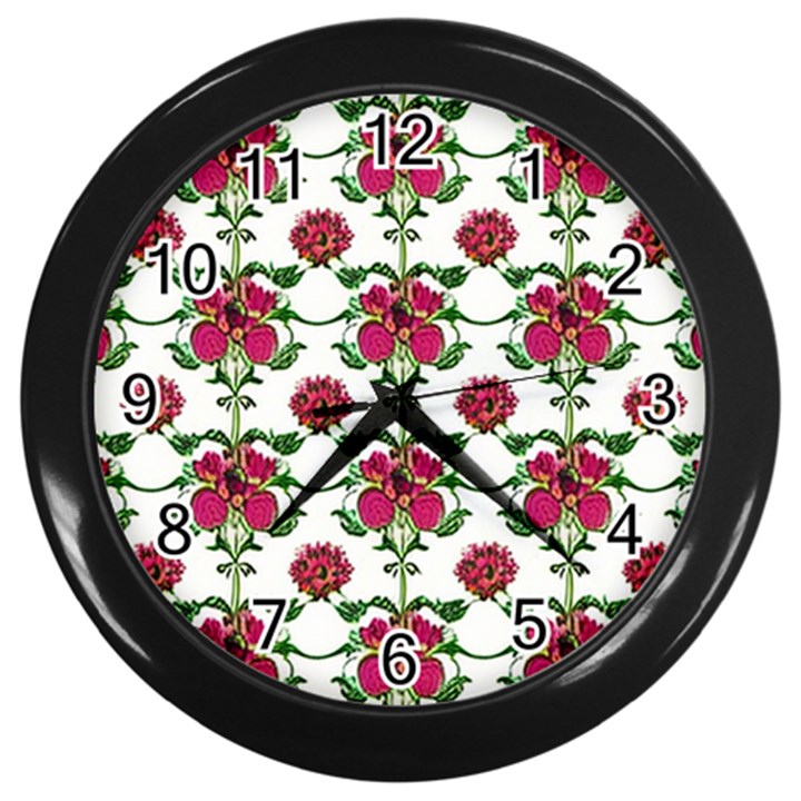 Retro 1880s Flowers Pattern 2 Wall Clock (Black)