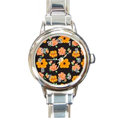 Retro 40s 50s Flowers Pattern Halloween 3 Round Italian Charm Watch by violetheavensky