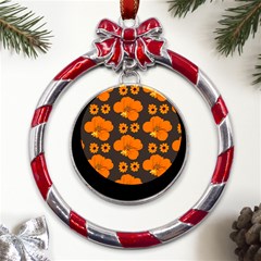 Retro 40s 50s Flowers Pattern Halloween 2 Metal Red Ribbon Round Ornament by violetheavensky