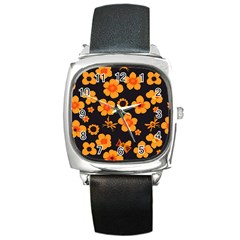 Retro 40s 50s Flowers Pattern Halloween Square Metal Watch by violetheavensky