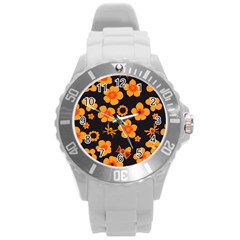 Retro 40s 50s Flowers Pattern Halloween Round Plastic Sport Watch (l) by violetheavensky