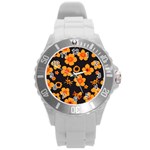 Retro 40s 50s Flowers Pattern Halloween Round Plastic Sport Watch (L) Front