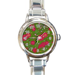 Mid Century Retro Floral 1970s 1960s Pattern 88 Round Italian Charm Watch by violetheavensky