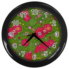 Mid Century Retro Floral 1970s 1960s Pattern 88 Wall Clock (black) by violetheavensky