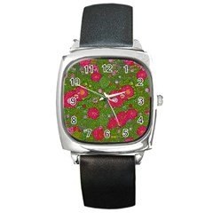 Mid Century Retro Floral 1970s 1960s Pattern 88 Square Metal Watch by violetheavensky