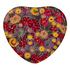 Mid Century Retro Floral 1970s 1960s Pattern 90 Heart Glass Fridge Magnet (4 Pack) by violetheavensky