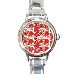 Mid Century Retro Floral 1970s 1960s Pattern 91 Round Italian Charm Watch by violetheavensky