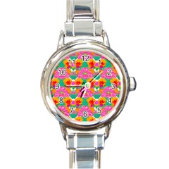 Retro 40s 50s Mexico Flowers Pattern Round Italian Charm Watch by violetheavensky