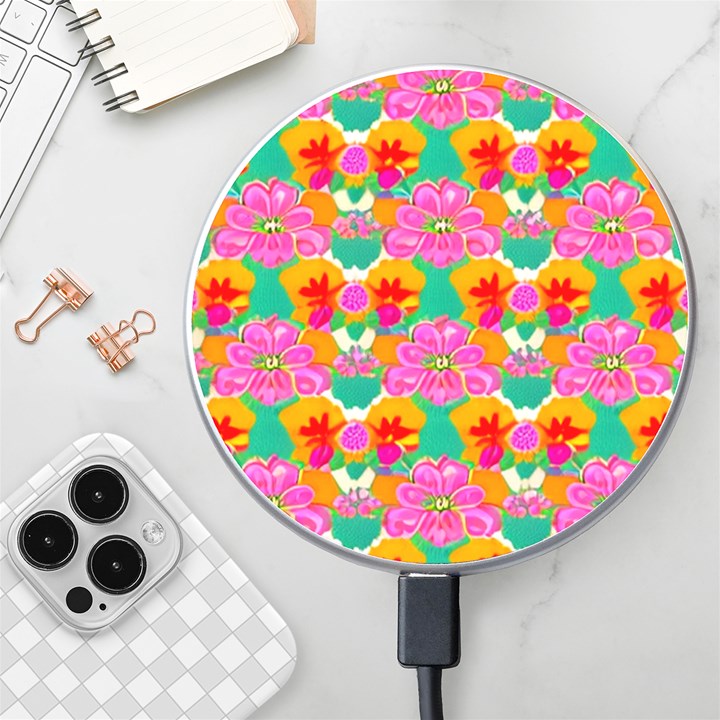 Retro 40s 50s Mexico Flowers Pattern Wireless Fast Charger(White)