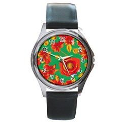 Mid Century Retro Floral 1970s 1960s Pattern 89 Round Metal Watch by violetheavensky