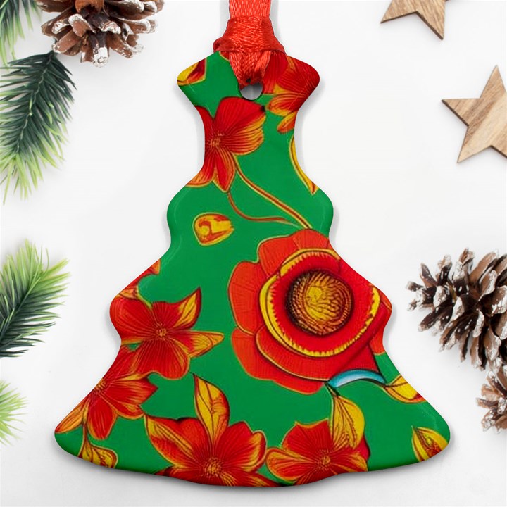 Mid Century Retro Floral 1970s 1960s Pattern 89 Christmas Tree Ornament (Two Sides)