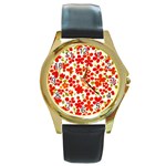 Mid Century Retro Floral 1970s 1960s Pattern 92 Round Gold Metal Watch Front