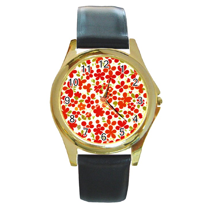 Mid Century Retro Floral 1970s 1960s Pattern 92 Round Gold Metal Watch