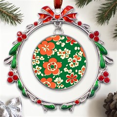 Mid Century Retro Floral 1970s 1960s Pattern 94 Metal X mas Wreath Ribbon Ornament by violetheavensky