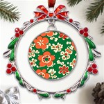 Mid Century Retro Floral 1970s 1960s Pattern 94 Metal X mas Wreath Ribbon Ornament Front