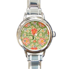 Retro 40s 50s Mexico Flowers Pattern 3 Round Italian Charm Watch by violetheavensky