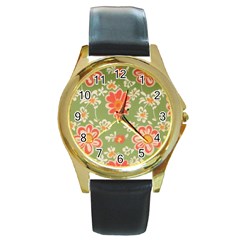 Retro 40s 50s Mexico Flowers Pattern 3 Round Gold Metal Watch by violetheavensky