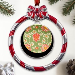 Retro 40s 50s Mexico Flowers Pattern 3 Metal Red Ribbon Round Ornament by violetheavensky