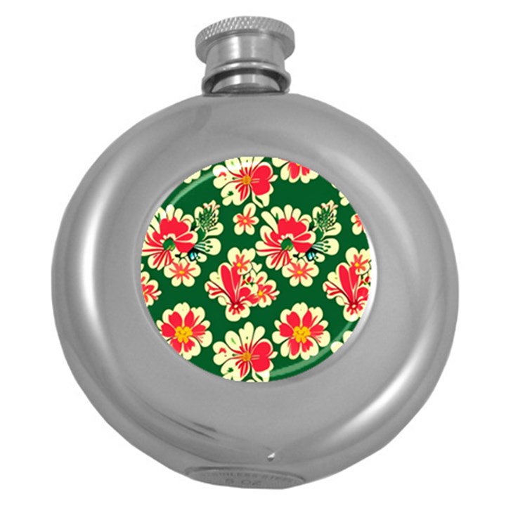 Retro 40s 50s Mexico Flowers Pattern 2 Round Hip Flask (5 oz)