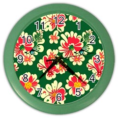 Retro 40s 50s Mexico Flowers Pattern 2 Color Wall Clock by violetheavensky