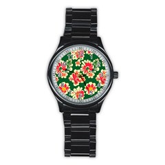 Retro 40s 50s Mexico Flowers Pattern 2 Stainless Steel Round Watch by violetheavensky