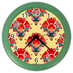 Retro 40s 50s Mexico Flowers Pattern 4 Color Wall Clock by violetheavensky