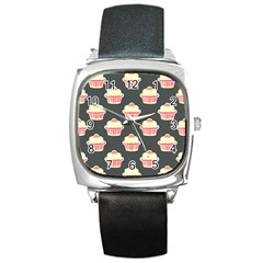 Retro 40s 50s Cupcake Pattern 4 Square Metal Watch by violetheavensky