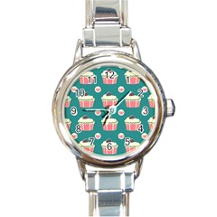 Retro 40s 50s Cupcake Pattern 2 Round Italian Charm Watch by violetheavensky