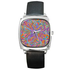 Mid Century Retro Floral 1970s 1960s Pattern 75 Square Metal Watch by violetheavensky