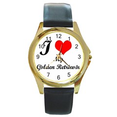 I Love My Golden Retriever Round Gold Metal Watch by mydogbreeds