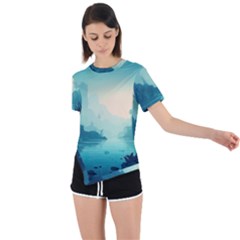 Ai Generated River Forest Woods Outdoors Asymmetrical Short Sleeve Sports Tee by Pakemis