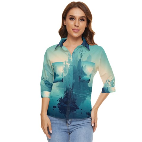 Ai Generated River Forest Woods Outdoors Women s Quarter Sleeve Pocket Shirt by Pakemis