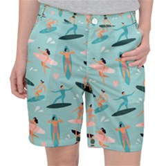 Beach-surfing-surfers-with-surfboards-surfer-rides-wave-summer-outdoors-surfboards-seamless-pattern- Women s Pocket Shorts by Salman4z