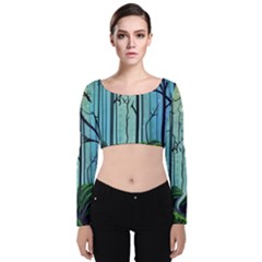 Nature Outdoors Night Trees Scene Forest Woods Light Moonlight Wilderness Stars Velvet Long Sleeve Crop Top by Grandong