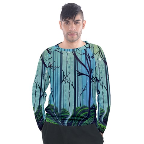 Nature Outdoors Night Trees Scene Forest Woods Light Moonlight Wilderness Stars Men s Long Sleeve Raglan T-shirt by Grandong