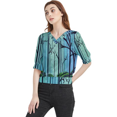 Nature Outdoors Night Trees Scene Forest Woods Light Moonlight Wilderness Stars Quarter Sleeve Blouse by Grandong