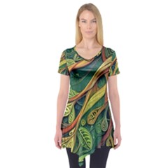 Outdoors Night Setting Scene Forest Woods Light Moonlight Nature Wilderness Leaves Branches Abstract Short Sleeve Tunic  by Grandong