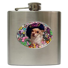 Chi Chi In Butterflies, Chihuahua Dog In Cute Hat Hip Flask (6 Oz) by DianeClancy