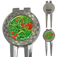 Red Flowers And Green Plants At Outdoor Garden 3-in-1 Golf Divots by dflcprintsclothing