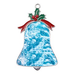 Blue Ocean Wave Texture Metal Holly Leaf Bell Ornament by Jack14