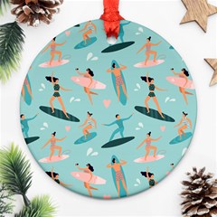 Beach Surfing Surfers With Surfboards Surfer Rides Wave Summer Outdoors Surfboards Seamless Pattern Ornament (round) by Bedest