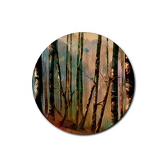 Woodland Woods Forest Trees Nature Outdoors Mist Moon Background Artwork Book Rubber Coaster (round) by Grandong